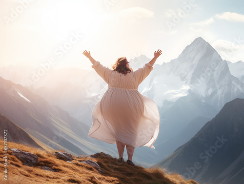 Exhilarated, overweight, plus sized woman climbing and summiting a mountain, symbolising motivation and overcoming, stigmatism. Fitness and weight loss, beating goals. Fashion clothing.