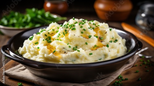 Creamy mashed potatoes with melted butter and chives