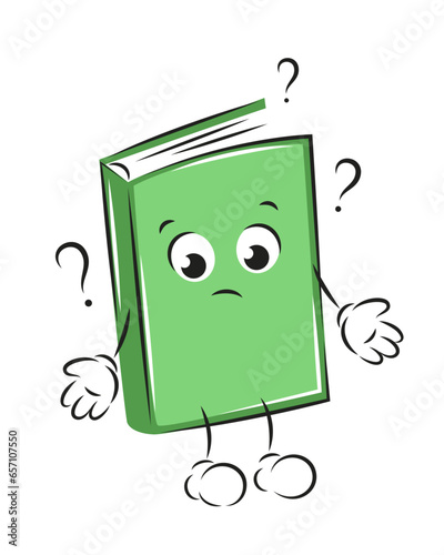 Cute book character with question marks. Knowledge and education concept. Vector illustration for children design or school.