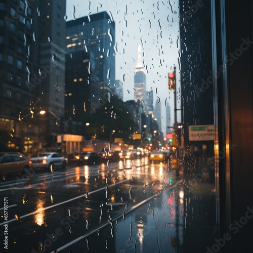 Raindrops on window with blurred cityscape in background
