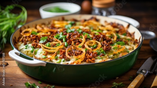 Decadent green bean casserole with crispy onions on top