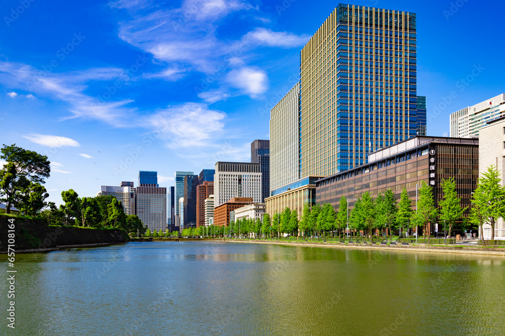 Fototapeta premium 皇居のお濠の池越しに見る日比谷通りと歩道の街路樹。日比谷、丸の内、大手町の高層ビル群（東京都千代田区） 