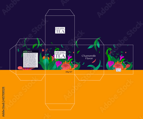Tea sachet packaging with plant vector illustration and die cut design