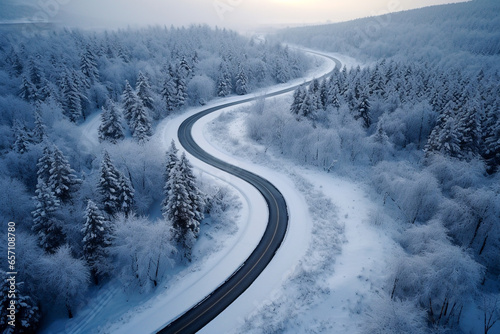 Aerial view of empty curvy asphalt road, surrounded by snowy trees, winter forest landscape. Travel and transport concept. AI generative photography.