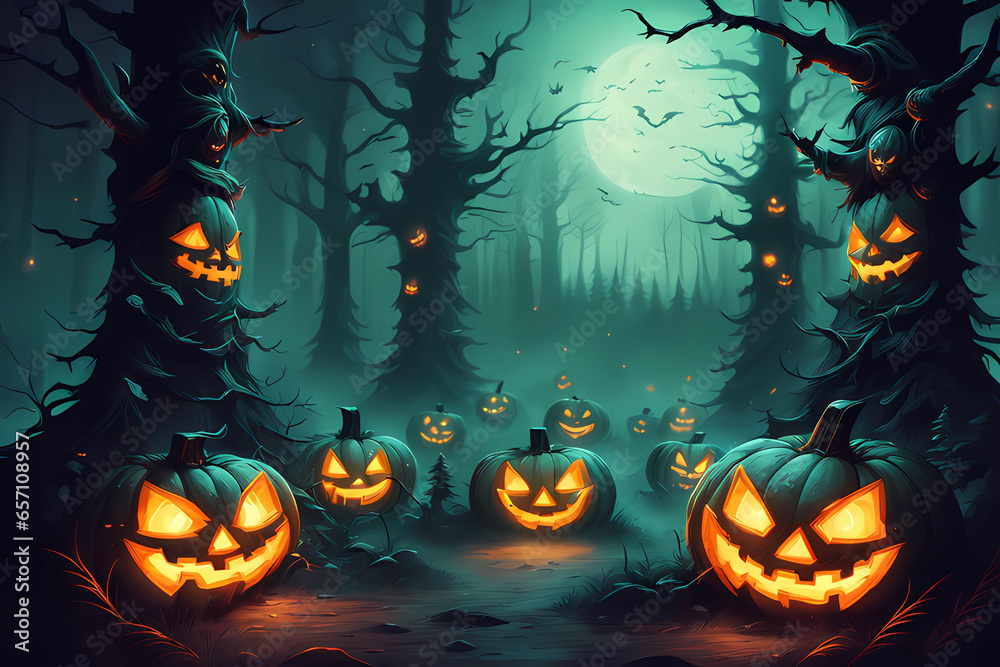 Fototapeta premium Eerie forest with glowing jack-o'-lanterns