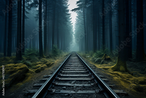Railway to nowhere. Straight rails in forest landscape, disappearing into the horizon. Mysterious and moody nature.  AI generative photography. photo