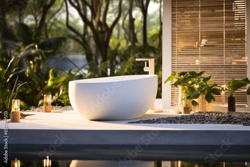 white tub with water, in the style of organic material, beige and amber, tranquil gardenscapes, raw energy, soft-focus, comfycore, poolcore  photo