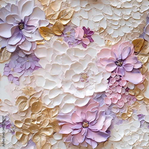 Decorative mural, seamless patter with purple paper flowers and golden leaves, background for photo album. Generative AI