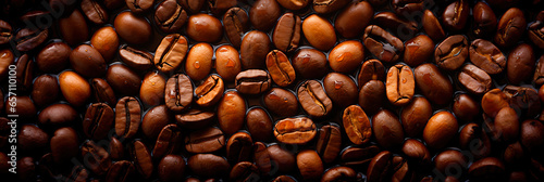 Fresh coffee beans banner. Coffee beans background. Close-up food photography photo