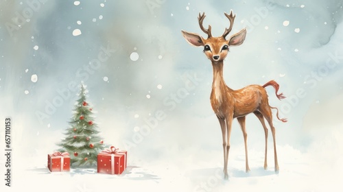 Cute little deer baby illustration, christmas illustration with adorable little deer winter forest snowy landscape