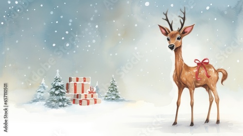 Cute little deer baby illustration, christmas illustration with adorable little deer winter forest snowy landscape