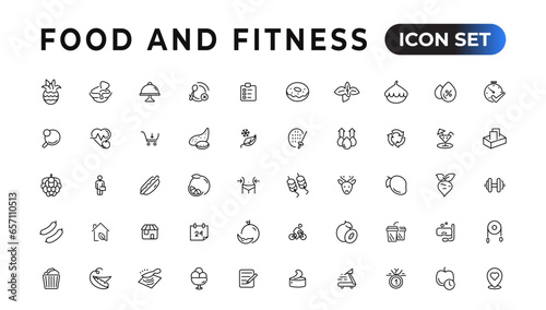 Food and fitness linear icons collection.Set of thin line web icon set, simple outline icons collection, Pixel Perfect icons, Simple vector illustration.