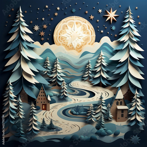 A snowy landscape with a cozy cabin in a paper cut 3d style