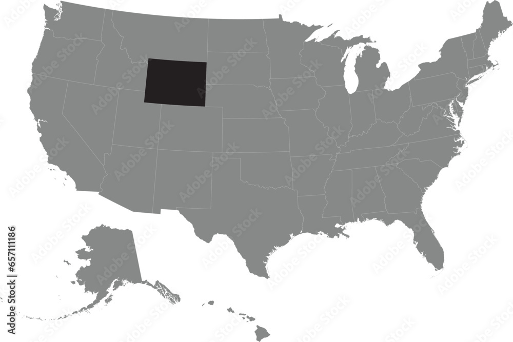 Black CMYK federal map of WYOMING inside detailed gray blank political map of the United States of America on transparent background