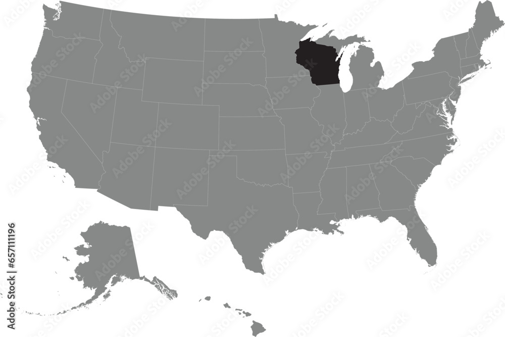 Black CMYK federal map of WISCONSIN inside detailed gray blank political map of the United States of America on transparent background