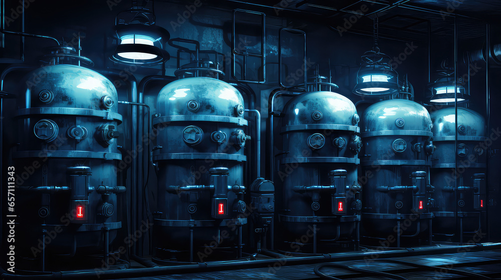Lots of pressurized blue gas tanks. Gas industry, natural gas production and storage. Pressure gas cylinders in the manufacturing industry. - obrazy, fototapety, plakaty 