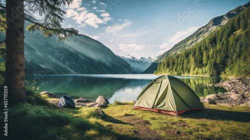 A camping tent in a nature hiking spot, Relaxing in mountain, next to lake river.