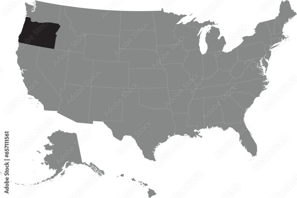 Black CMYK federal map of OREGON inside detailed gray blank political map of the United States of America on transparent background
