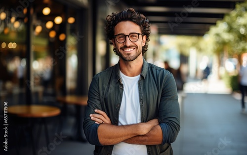 A Fashion-Savvy Young Man with Stylish Eyeglasses His Smile Shining
