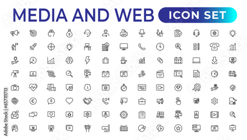 Media and Web icons in line style. Data analytics,Digitalmarketing, Management, Message, Phone. Vector illustration.