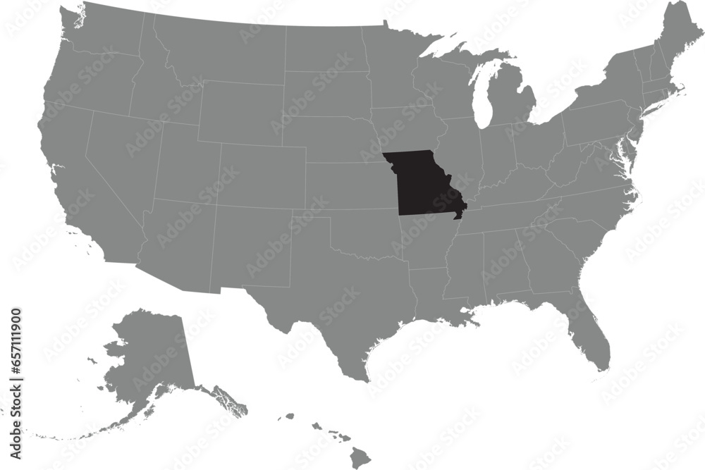 Black CMYK federal map of MISSOURI inside detailed gray blank political map of the United States of America on transparent background