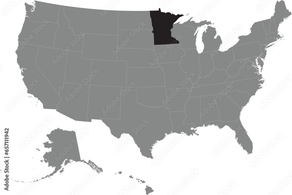 Black CMYK federal map of MINNESOTA inside detailed gray blank political map of the United States of America on transparent background