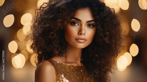 Beautiful young woman in golden dress with sparkly hair posing Fashion