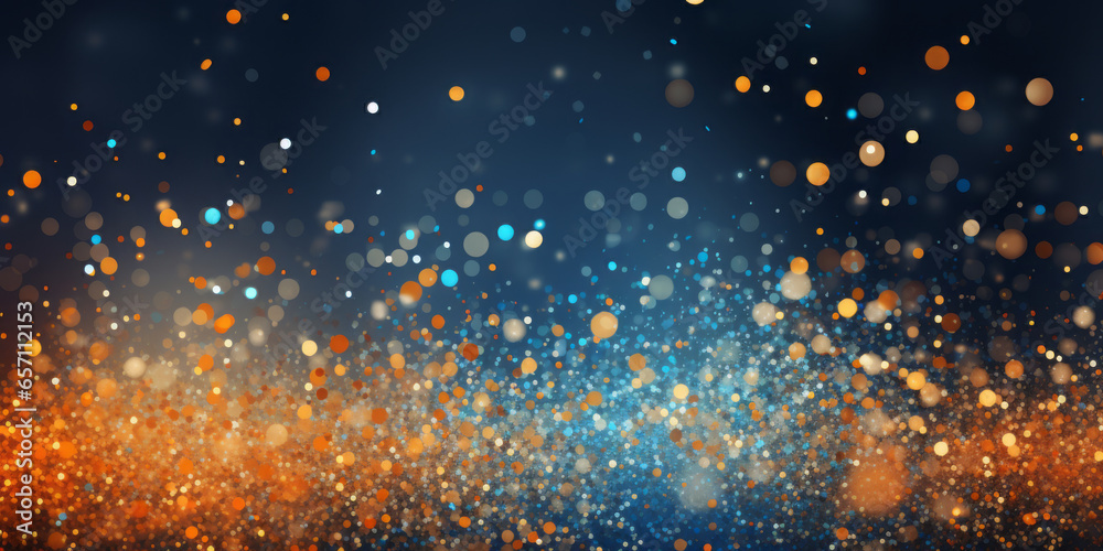 Blue orange Christmas particles and sprinkles for a holiday event. Background with sparkles and glitters