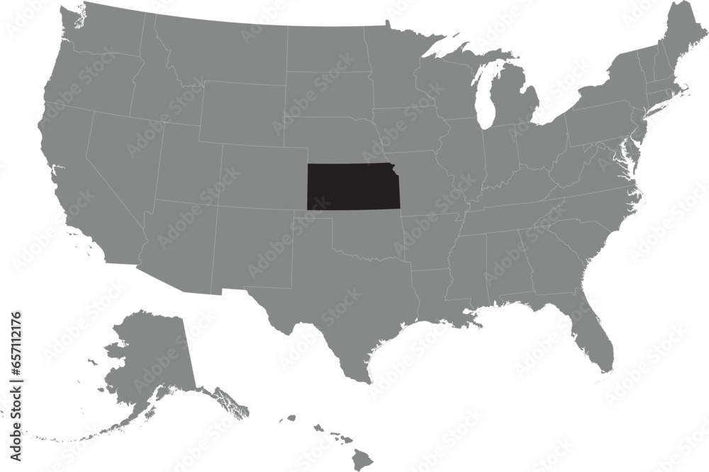Black CMYK federal map of KANSAS inside detailed gray blank political map of the United States of America on transparent background