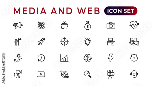 Media and Web icons in line style.Data analytics,Digitalmarketing, Management, Message, Phone. Vector illustration.