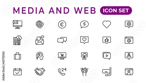 Media and Web icons in line style.Data analytics,Digitalmarketing, Management, Message, Phone. Vector illustration.