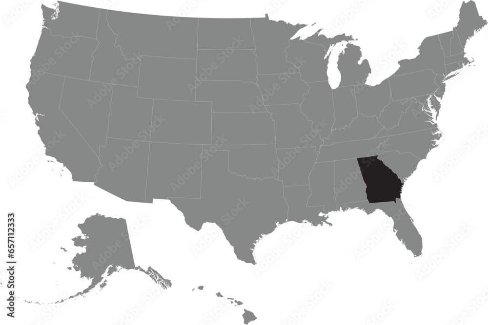 Black CMYK federal map of GEORGIA inside detailed gray blank political map of the United States of America on transparent background