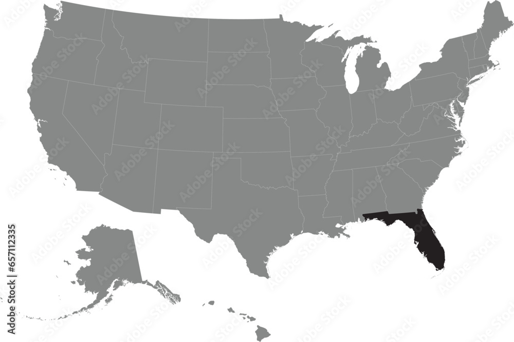 Black CMYK federal map of FLORIDA inside detailed gray blank political map of the United States of America on transparent background