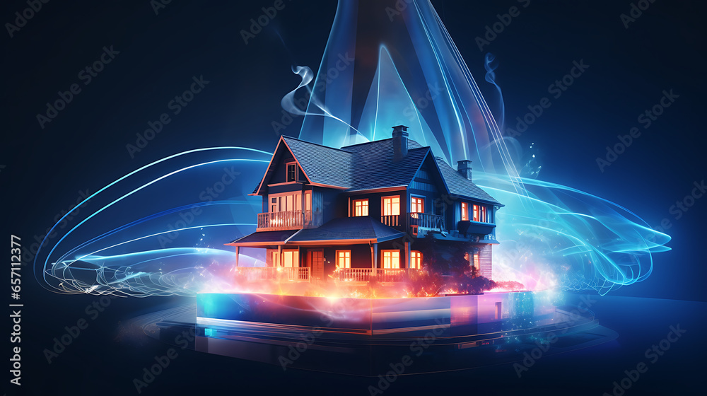 High speed home internet connection wifi concept. Flying house with