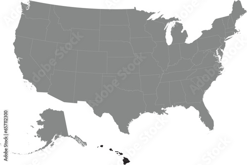 Black CMYK federal map of HAWAII inside detailed gray blank political map of the United States of America on transparent background