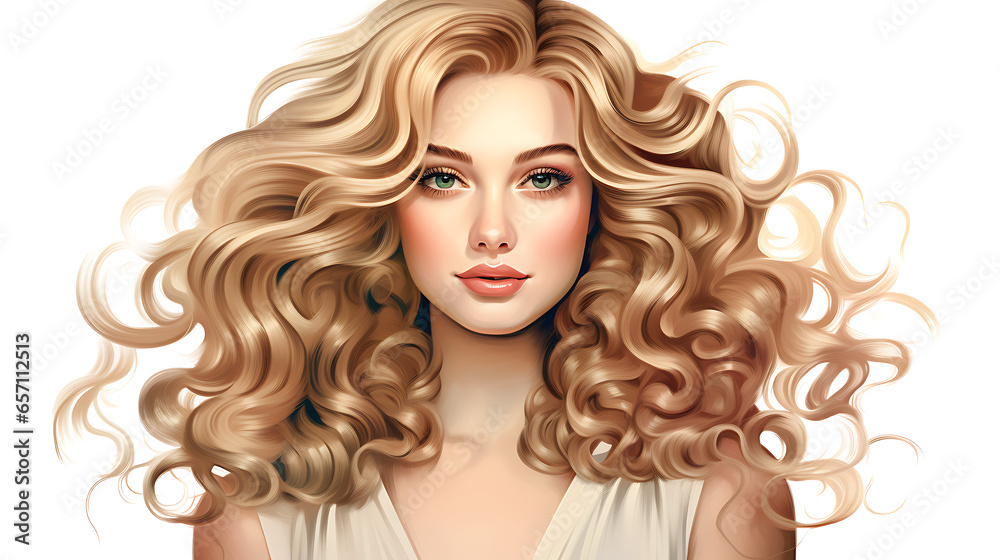 Girl with curly blond lush hair, luxury and premium illustration for advertising product design