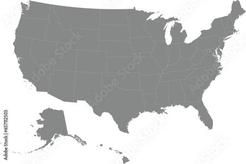 Detailed gray CMYK federal blank political map of the United States of America on transparent background and federal states borders