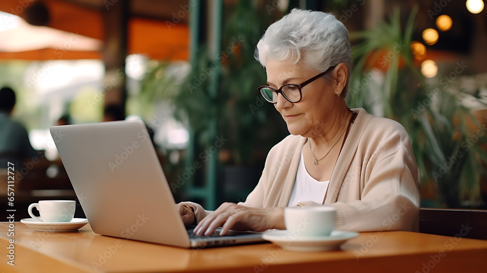 Old person, happy, working on laptop computer in cafe at table. Senior adult with glasses using laptop Old person, happy, working on laptop computer in cafe at table. Senior adult with glasses using laptop