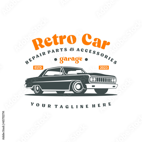 Vintage or retro or classic car logo design, vector illustration. Retro emblem of car repair, restoration and club design element.
