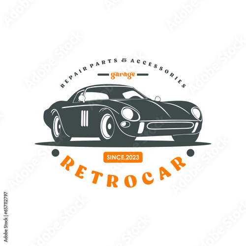 Vintage or retro or classic car logo design, vector illustration. Retro emblem of car repair, restoration and club design element.