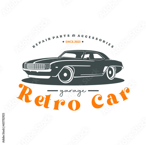 Vintage or retro or classic car logo design, vector illustration. Retro emblem of car repair, restoration and club design element.