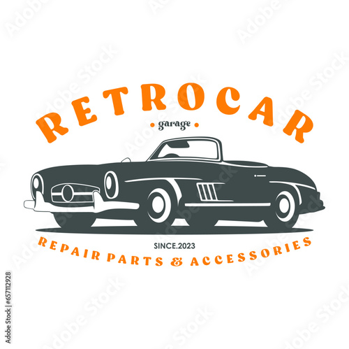 Vintage or retro or classic car logo design, vector illustration. Retro emblem of car repair, restoration and club design element.