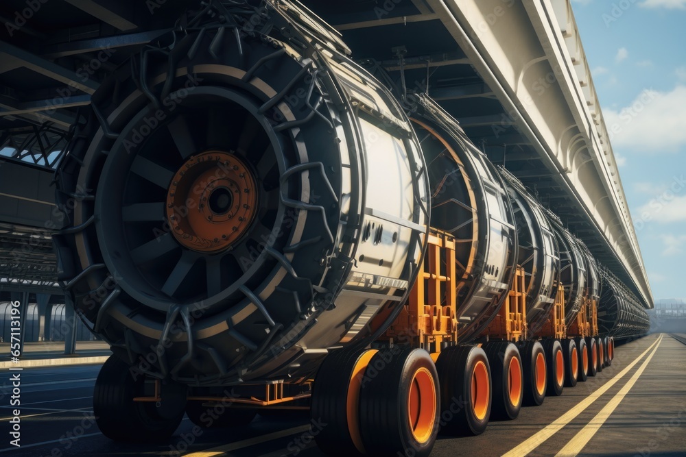 Obraz premium A picture of a large truck with a massive tire. This image can be used to depict transportation, heavy-duty vehicles, or industrial equipment.