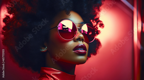 Fashion retro futuristic black woman wearing sunglasses. Futuristic pop art fashion girl with amazing background.