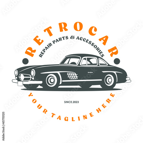 Vintage or retro or classic car logo design, vector illustration. Retro emblem of car repair, restoration and club design element.