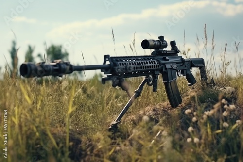 A machine gun is positioned on top of a grass-covered field. This image can be used to depict military or warfare concepts.