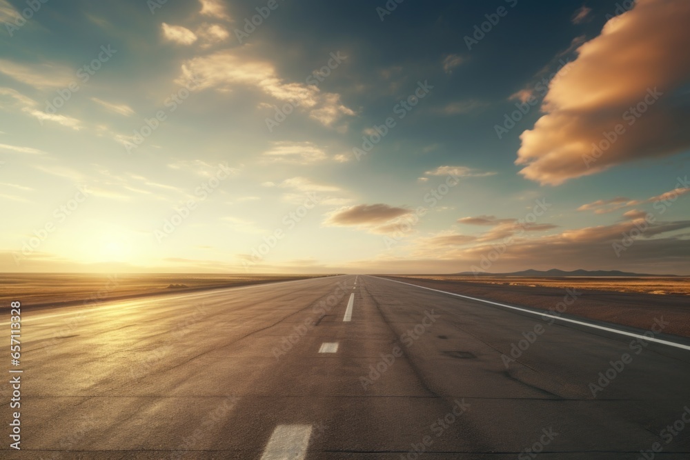 An empty runway in the middle of the desert. This image can be used to depict isolation, vastness, or the concept of a remote location. - obrazy, fototapety, plakaty 