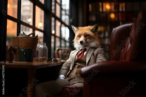 Clever red fox in business suit at office.