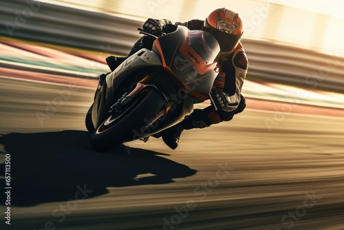 A person riding a motorcycle on a race track. Perfect for capturing the excitement and adrenaline of motorcycle racing. © Fotograf