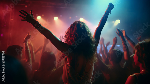 Night club Girl DJ crowd dance with hands up in cinematic photography style